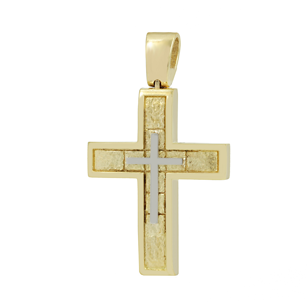 Αντρικός σταυρός Κίτρινος και λευκός χρυσός K14 Κωδικός 010683