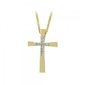Woman's cross pendant  with chain, Yellow gold K14 with semiprecious crystals Code 010855