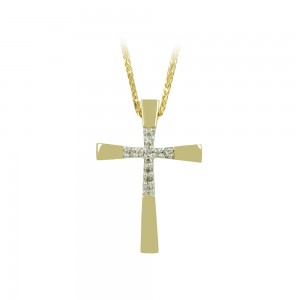 Woman's cross pendant  with chain, Yellow gold K14 with semiprecious crystals Code 010855