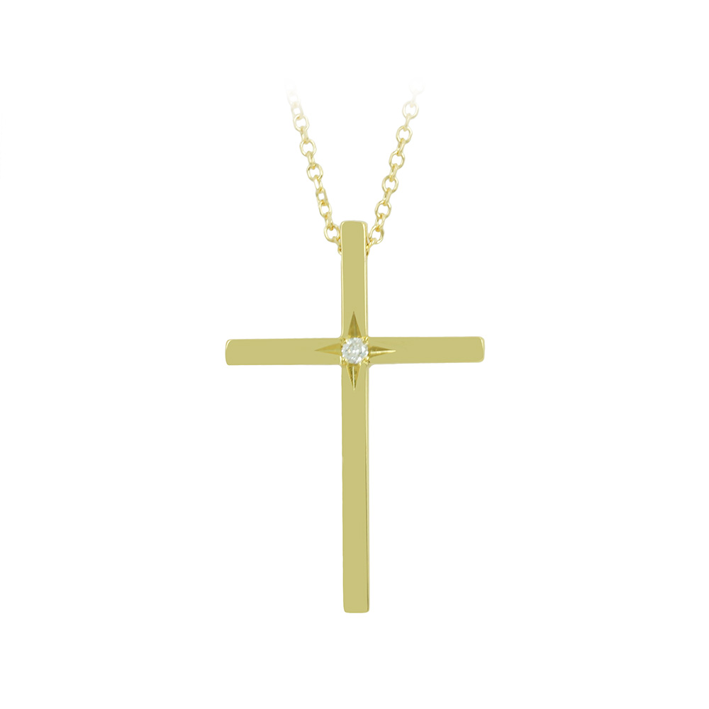 Γυναικείος σταυρός με αλυσίδα, Κίτρινος χρυσός Κ14 με διαμάντι Κωδικός 010974