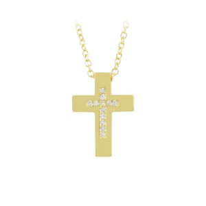 Woman's cross pendant with chain, Yellow gold K14 with diamond Code 010975