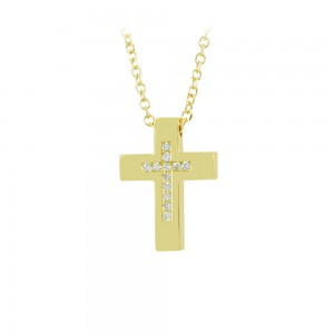 Woman's cross pendant with chain, Yellow gold K14 with diamond Code 010975
