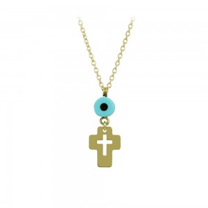 Cross with chain Yellow gold K14 with eye motif Code 011325
