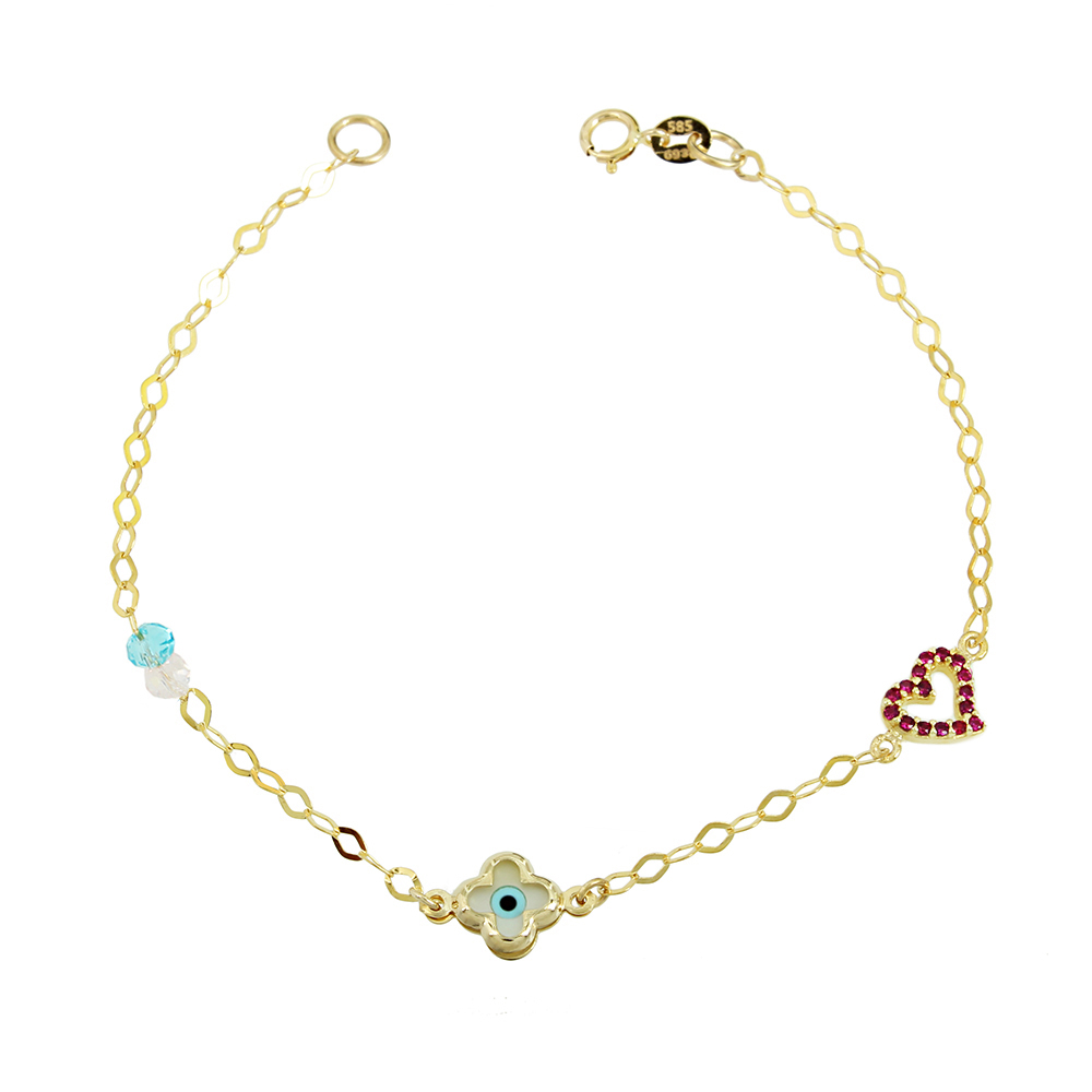 Bracelet for baby Heart and eye motif Yellow gold K14 with semiprecious crystals Code 011533