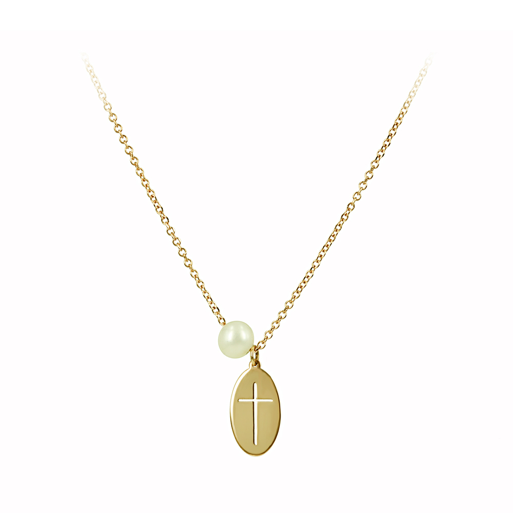 Necklace Cross Yellow gold K14 with pearl Code 011619