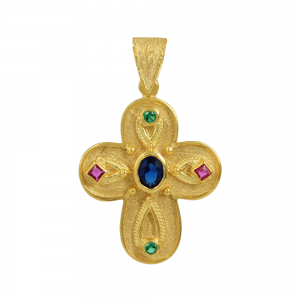 Byzantine cross Yellow gold K14 with semiprecious crystals Code 012201