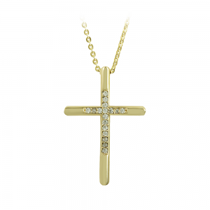 Woman's cross pendant with chain, Yellow gold K14 with semiprecious crystals Code 012424