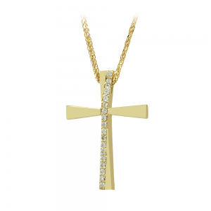 Woman's cross pendant with chain, Yellow gold K14 with semiprecious crystals Code 012454
