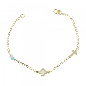 Bracelet for baby girl Cross Yellow gold K14 with mother of pearl and semiprecious crystals Code 013580