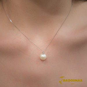 Necklace White gold K18 with pearl and diamond Code 003498