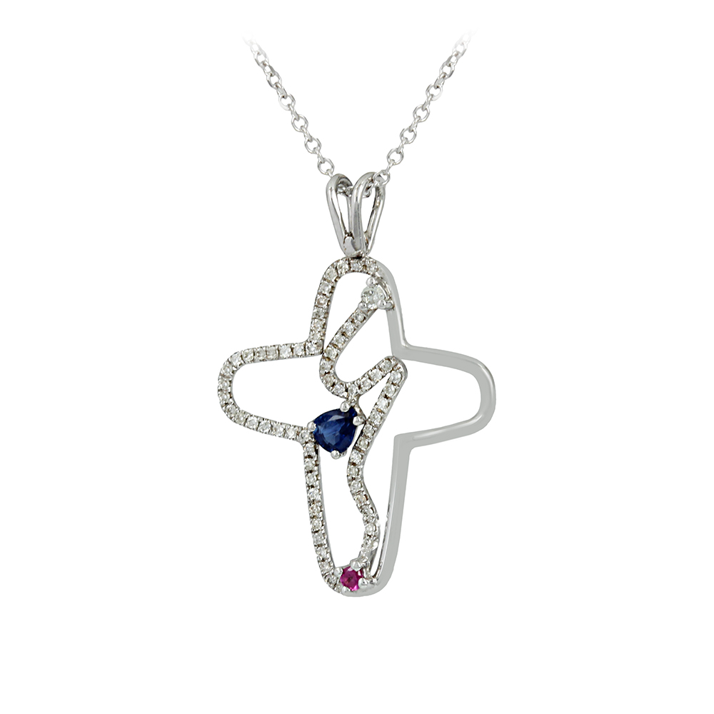 Woman's cross pendant with chain, White gold K18 with Diamonds, Sapphire and Ruby 004126 Woman's cross pendant with chain, White gold K18 with Diamonds, Sapphire and Ruby 004126