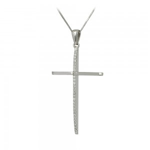 Γυναικείος σταυρός με αλυσίδα, Λευκός χρυσός Κ14 με διαμάντια Κωδικός 006341