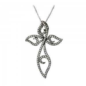 Woman's cross pendant with chain, White gold K18 and diamonds Code 006935
