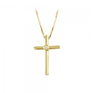 Cross with chain,Yellow  gold K18 and diamond Brilliant cut Code 008525