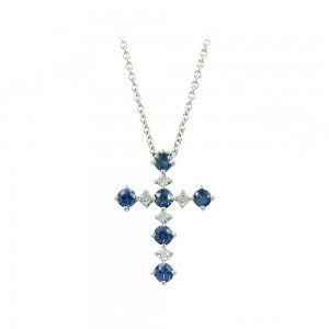 Woman's cross pendant with chain, White gold K18 with Sapphires and Diamonds Code 008746