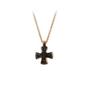 Woman's cross pendant with chain, Pink gold K18 with black color diamonds Code 008933