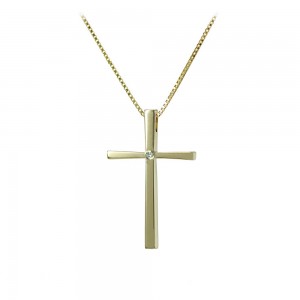 Woman's cross pendant with chain, Yellow gold K18 with diamonds Code 010508