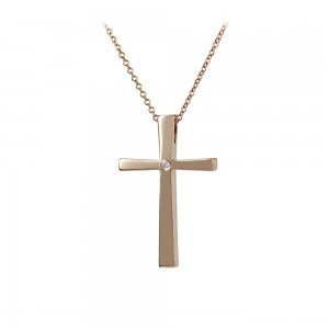 Woman's cross pendant with chain, Pink gold K18 with diamonds Code 010510