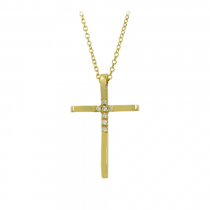 Woman's cross pendant with chain, Yellow gold K18 with with diamonds IGL Certification Code 012239