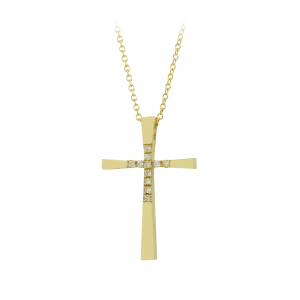 Woman's cross pendant with chain, Yellow gold K18 with with diamonds IGL Certification Code 012240