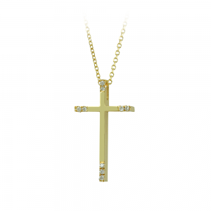 Woman's cross pendant with chain, Yellow gold K18 with with diamonds IGL Certification Code 012241