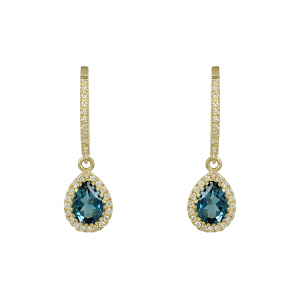 Earrings Rosette Yellow gold K18 with London Blue Topaz and Diamonds Code 012634
