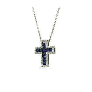 Woman's cross pendant with chain, White gold K18 with Sapphires and Diamonds Code 012813