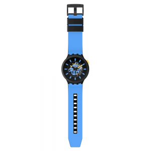 Swatch Travel dy Day SB03B108 Quartz Bioceramic Blue silicone strap Black color dial