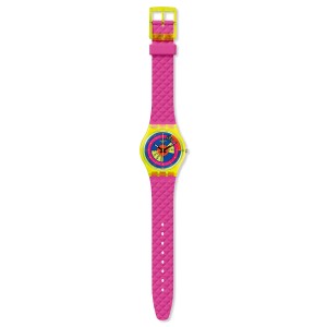 Swatch Shades Of Neon SO28J700 Quartz Biologic case Pink rubber strap Colorfull dial