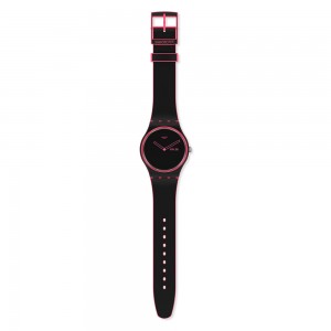 Swatch Minimal Line Pink SO29P700 Quartz Biologic case Black rubber strap Black color dial