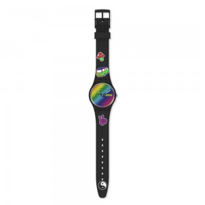 Swatch Go With The Bow SO31B101 Quartz Biooceramic case Black rubber strap Colorfull dial