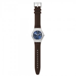 Swatch Magnificent Irony SY23S410 Quartz Stainless steel Brown leather strap Blue color dial