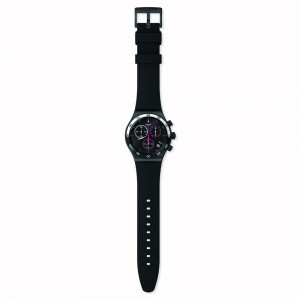 Swatch Magenta at Night YVB413 Quartz chronograph Stainless steel Black rubber strap Black color dial