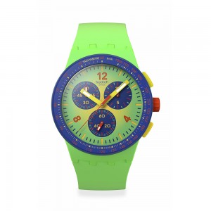 Swatch Flowing Freshly SUSG101 Quartz chronograph Plastic case Green rubber strap Green color dial Tachymeter