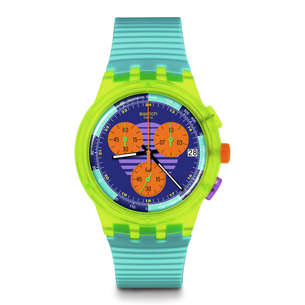 Swatch Neon Wave SUSJ404 Quartz Χρονογράφος Πλαστικό πλαίσιο Μπλε καουτσούκ λουρί Μπλε χρώμα καντράν