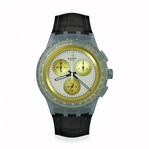 Swatch Golden Radiance SUSM100 Chronograph Stainless steel Brown leather strap Grey color dial Tachymeter