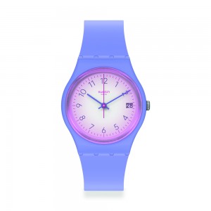 Swatch Sky Shades GV404 Quartz Plastic case Purple rubber strap White color dial