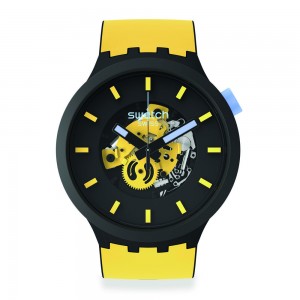 Swatch Mustard Skies SB03B109 Quartz Bioceramic Yellow silicone strap Black color dial
