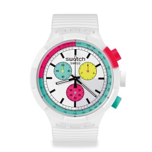 Swatch The Purity Of Neon SB06W100 Quartz chronograph Biologic case White biologic strap Colorfull dial