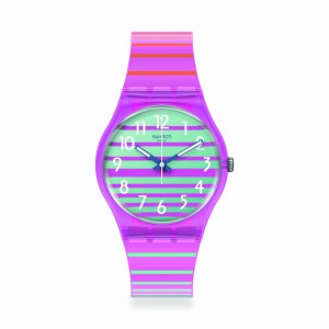 Swatch Electrifying Summer SO28P105 Quartz Biologic case Pink rubber strap Colorfull dial