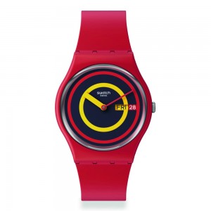 Swatch Circling Red SO28R702 Quartz Biologic case Red rubber strap Black color dial