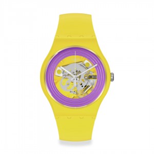 Swatch Purple Rings Yellow SO29J100 Quartz Biologic case Yellow rubber strap Purple color dial