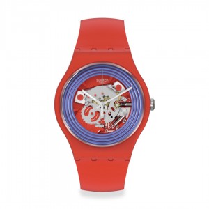 Swatch Blue Rings Red SO29R103 Quartz Biologic case Red rubber strap Blue color dial