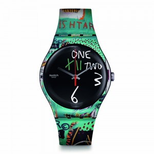 Swatch Ishtar By JM Basquiat SUOZ356 Quartz Plastic case Green rubber strap Black dial