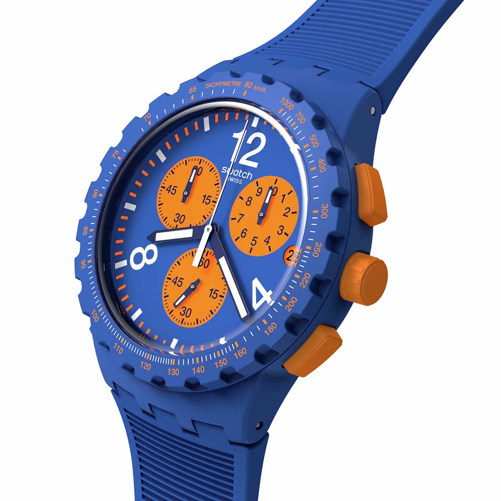Swatch Primarily Blue SUSN419 Quartz χρονογράφος Πλαστική κάσα Μπλε καουτσούκ λουρί Μπλε χρώμα καντράν Ταχύμετρο