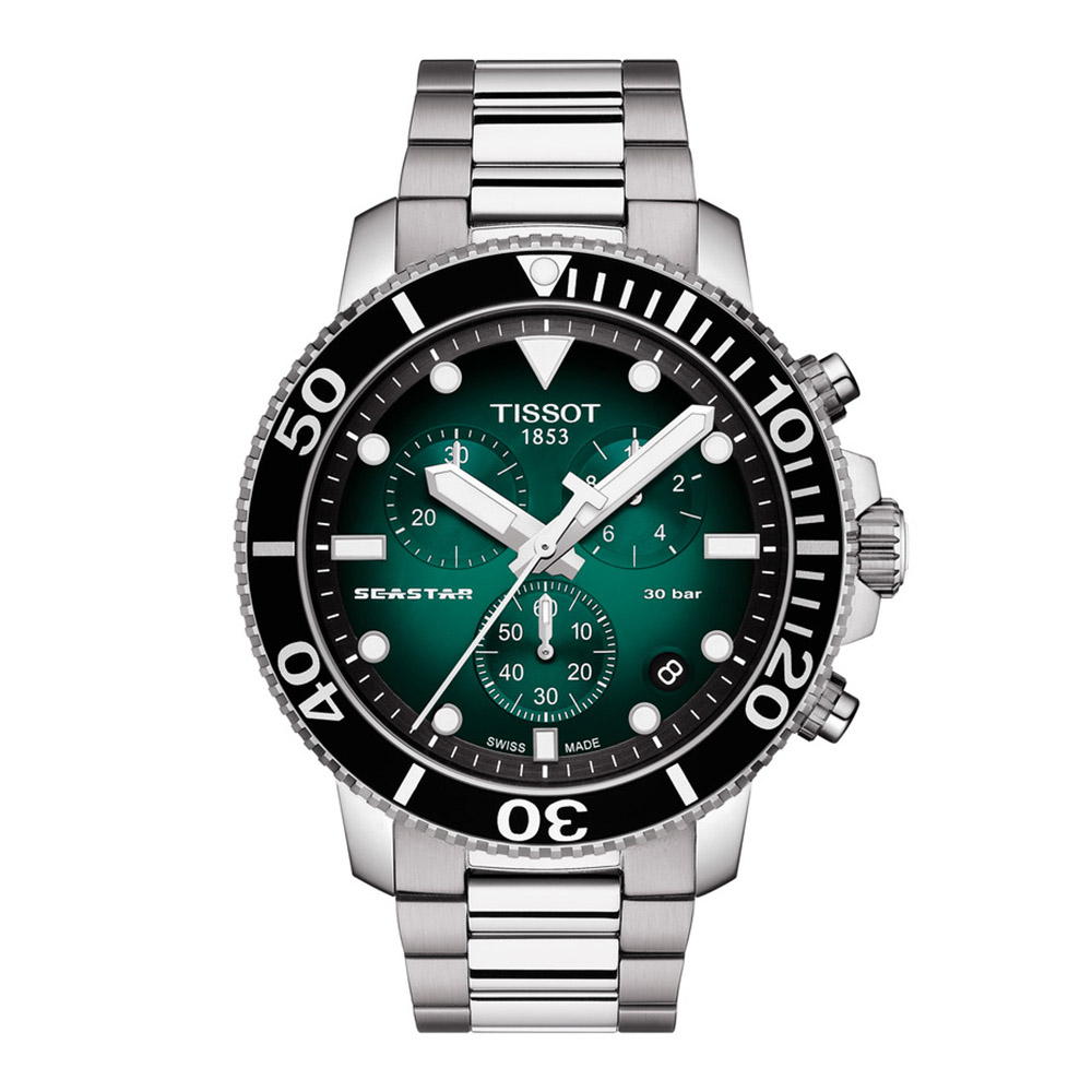 Tissot Seastar 1000 Quartz Chronograph T120.417.11.091.01 Ανοξείδωτο ατσάλι Μπρασελέ Στεφάνη αλουμινίου Πράσινο χρώμα καντράν  Καταδυτικό
