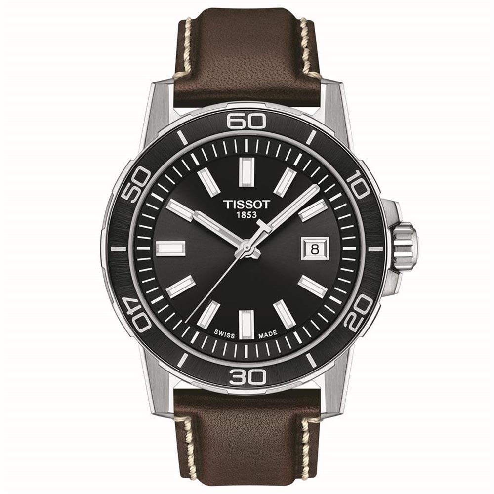Tissot Supersport Gent T125.610.16.051.00 Quartz Ανοξείδωτο ατσάλι Καφέ δερμάτινο λουρί Στεφάνη αλουμινίου Μαύρο χρώμα καντράν 
