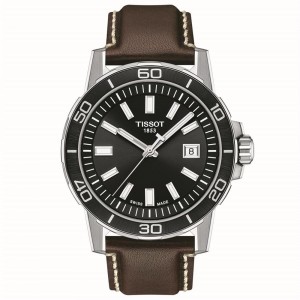Tissot Supersport Gent T125.610.16.051.00 Quartz Ανοξείδωτο ατσάλι Καφέ δερμάτινο λουρί Στεφάνη αλουμινίου Μαύρο χρώμα καντράν 