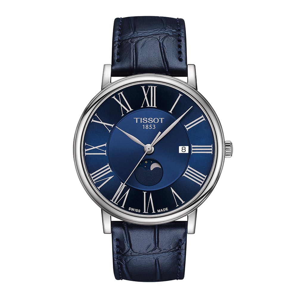 Tissot Carson Premium Gent Moonphase T122.423.16.043.00 Quartz Ανοξείδωτο ατσάλι Μπλε δερμάτινο λουρί Μπλε χρώμα καντράν 