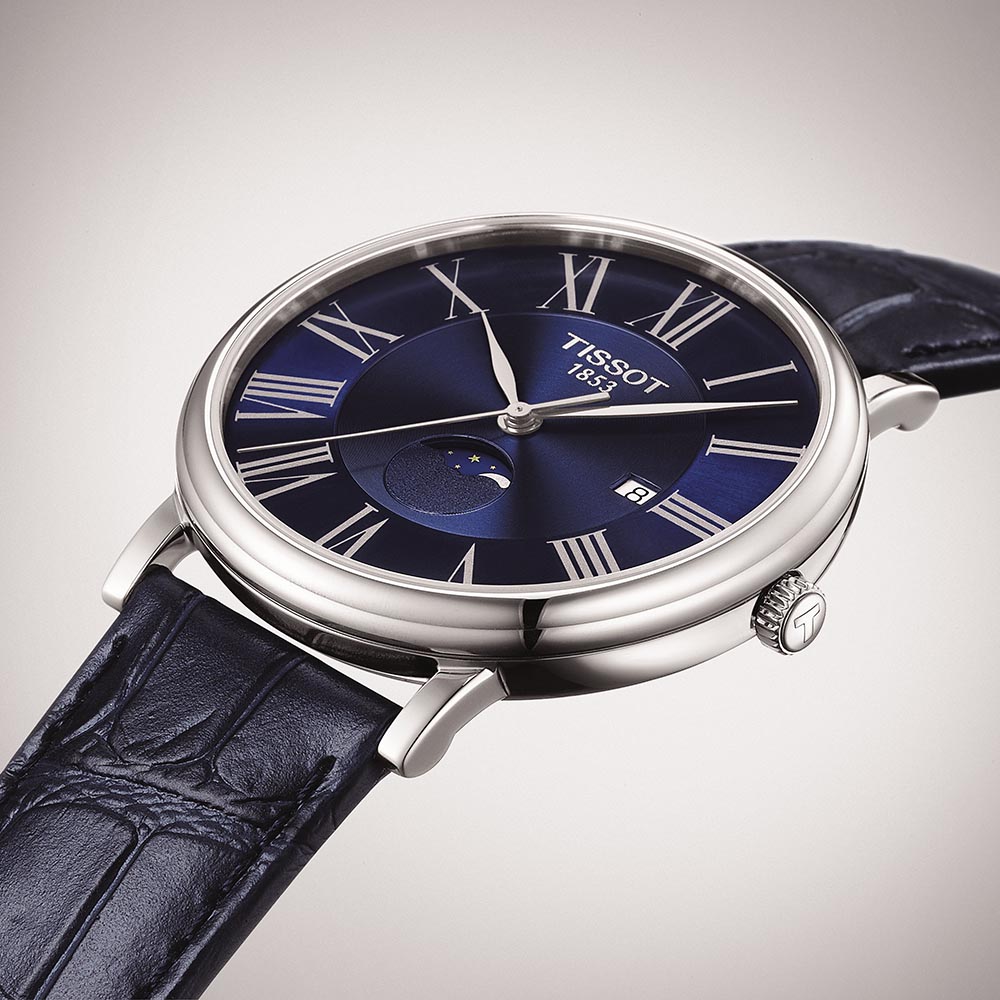 Tissot Carson Premium Gent Moonphase T122.423.16.043.00 Quartz Ανοξείδωτο ατσάλι Μπλε δερμάτινο λουρί Μπλε χρώμα καντράν 